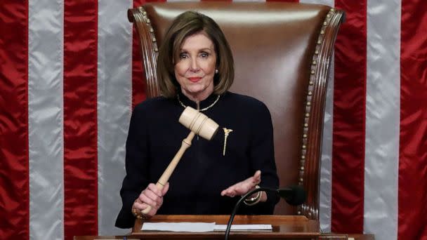 PHOTO: In this Dec. 18, 2019 file photo Speaker of the House Nancy Pelosi presides over the House of Representatives approving two counts of impeachment against U.S. President Donald Trump in the House Chamber of the U.S. Capitol in Washington. (Jonathan Ernst/Reuters, FILE)