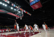 Spain's Laura Gil (24), left, shoots over South Korea's Ji Su Park (19) during women's basketball preliminary round game at the 2020 Summer Olympics, Monday, July 26, 2021, in Saitama, Japan. (AP Photo/Eric Gay)