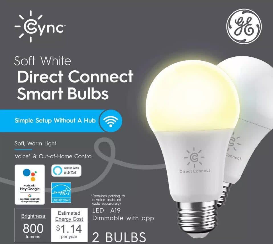 GE soft white smart bulbs ad, showing 2 bulbs, compatible with Alexa and Google Home, with setup instructions