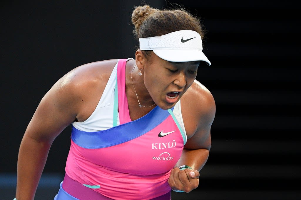 Naomi Osaka was fired up against Madison Brengle (Andy Brownbill/AP) (AP)
