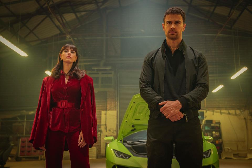 Theo James and Kaya Scodelario in a scene from Guy Ritchie's new Netflix series, "The Gentlemen," a spinoff of the 2019 feature of the same name.