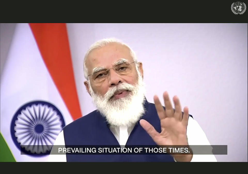 In this photo made from UNTV video, Narendra Modi, Prime Minister of India, speaks in a pre-recorded message which was played during the 75th session of the United Nations General Assembly, Saturday, Sept. 26, 2020, at UN Headquarters. (UNTV Via AP )