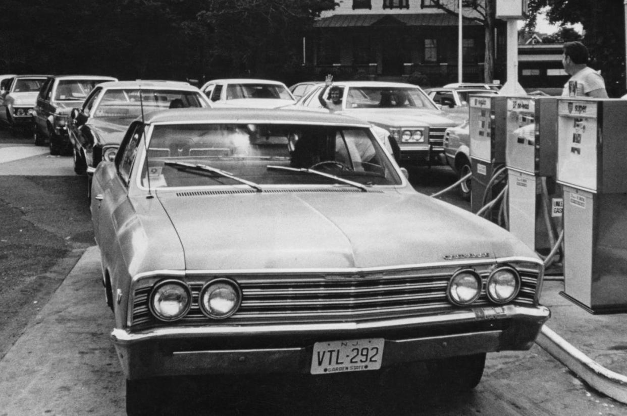 Cars lined up for gasoline in New Jersey in 1973 as supplies ran low and prices shot upward. <a href="https://www.gettyimages.com/detail/news-photo/drivers-queue-for-fuel-at-a-petrol-station-near-trenton-new-news-photo/155367107" rel="nofollow noopener" target="_blank" data-ylk="slk:Frederic Lewis/Archive Photos/Getty Images;elm:context_link;itc:0;sec:content-canvas" class="link ">Frederic Lewis/Archive Photos/Getty Images</a>