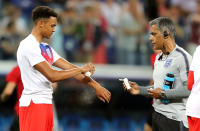 <p>England’s Trent Alexander-Arnold (left) sprats insect repellent before the FIFA World Cup Group G match at The Volgograd Arena, Volgograd. (Photo by Owen Humphreys/PA Images via Getty Images) </p>