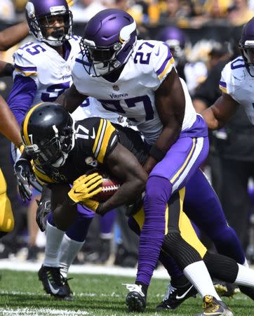 Sep 17, 2017; Pittsburgh, PA, USA; Minnesota Vikings strong safety Jayron Kearse (27) makes a tackle on Pittsburgh Steelers wide receiver Eli Rogers (17) during a punt return in the first quarter of game at Heinz Field. Mark Konezny-USA TODAY Sports