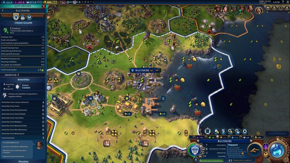 The city of Baltimore in Civilization 6