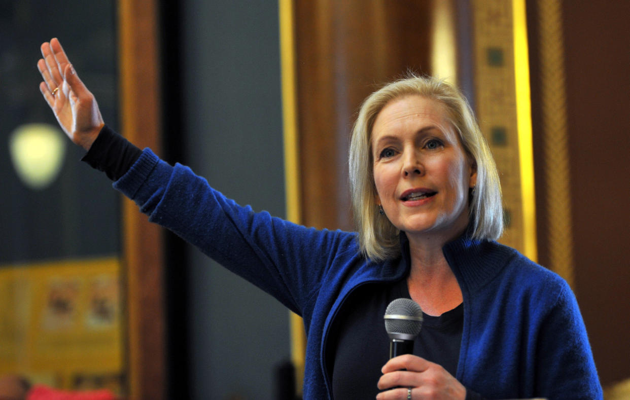 Sen. Kirsten Gillibrand (D-N.Y.) speaks at the Iowa Women's March on Saturday in Des Moines. The speech was part of her first presidential campaign trip. (Photo: Steve Pope/Getty Images)