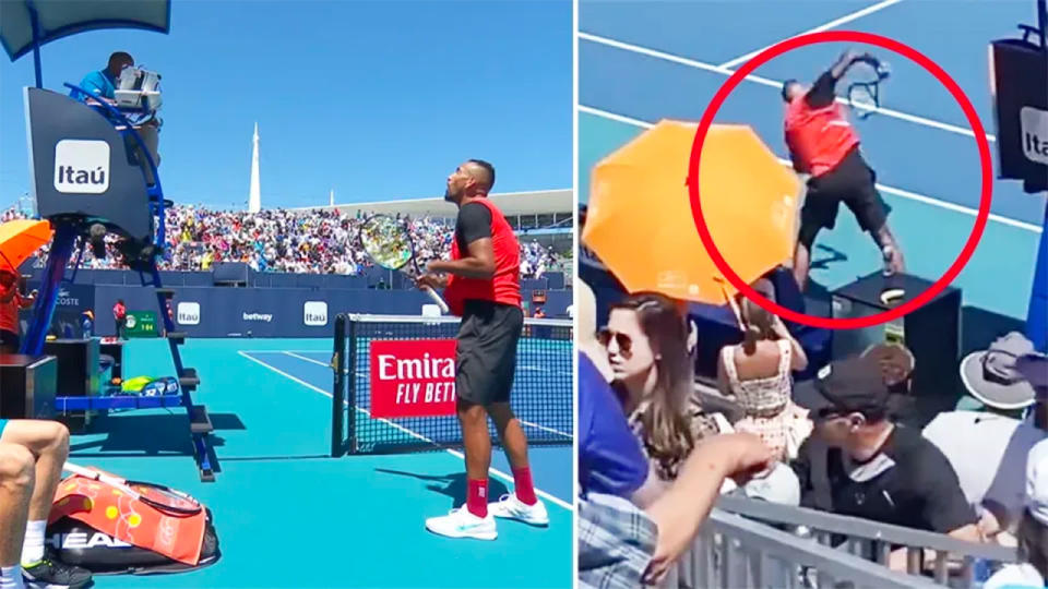 Nick Kyrgios has been handed a heavy sanction for his shocking outburst at the Miami Open. Pic: Tennis TV