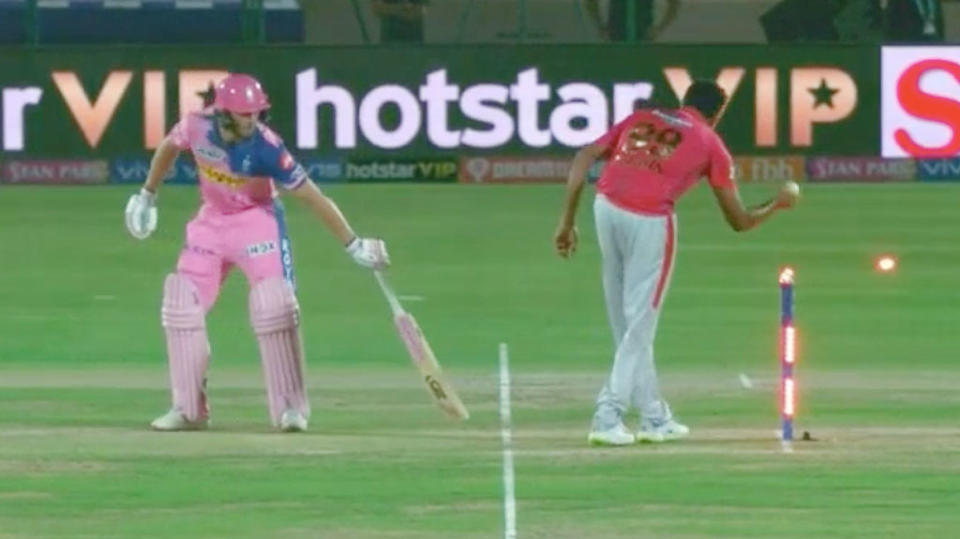 Ravi Ashwin run out Jos Buttler with the IPL’s first Mankad dismissal. Pic: BCCI