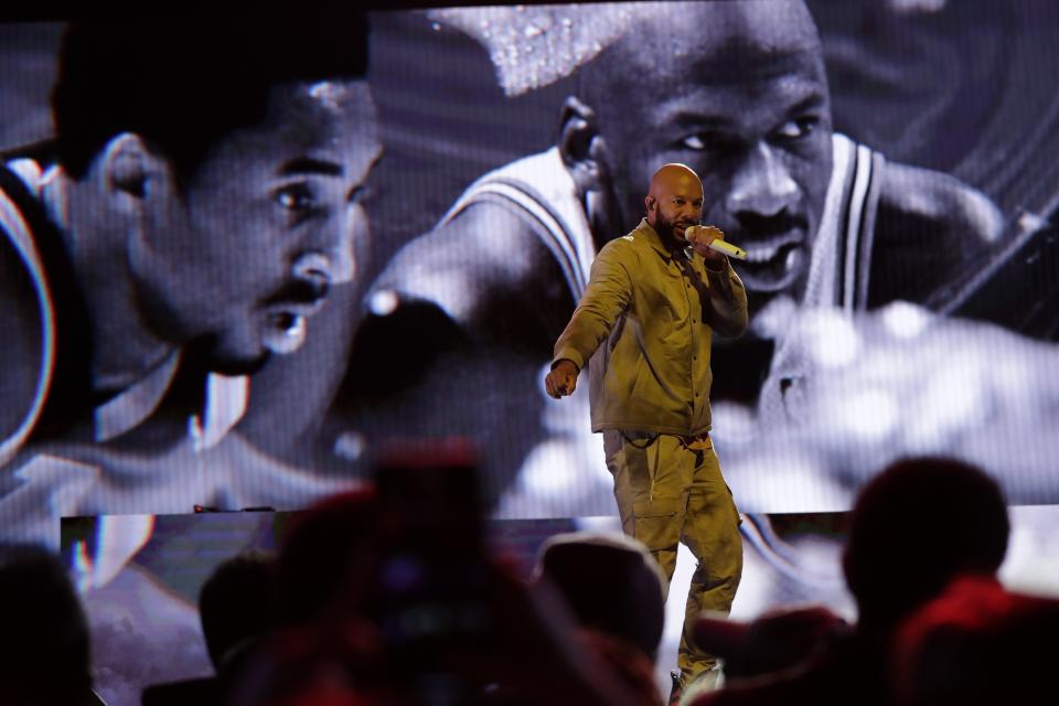 Common performs before the NBA All-Star basketball game Sunday, Feb. 16, 2020, in Chicago. (AP Photo/Nam Huh)
