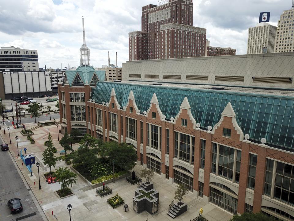 The Wisconsin Center is seen Wednesday, Aug. 5, 2020, in Milwaukee. Democratic presidential candidate former Vice President Joe will not travel to Milwaukee to accept the Democratic presidential nomination because of concerns over the coronavirus, party officials said Wednesday, signaling a move to a convention that essentially has become entirely virtual. (AP Photo/Morry Gash)