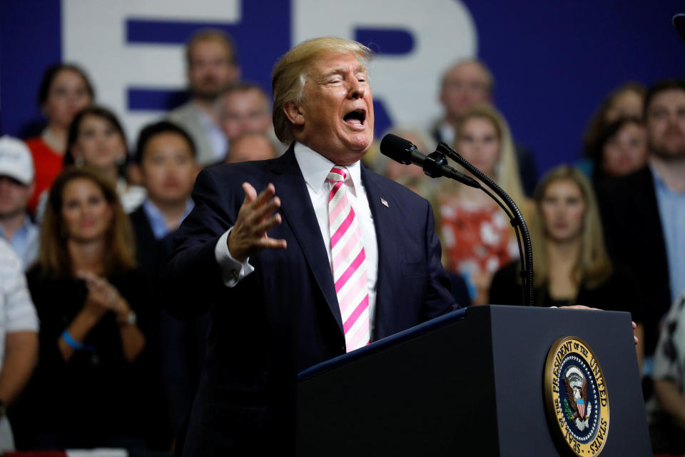 President Donald Trump at the rally in Alabama on Friday where he began his attacks on athletes who protest racism by kneeling during the playing of the national anthem. (Photo: Aaron Bernstein / Reuters)