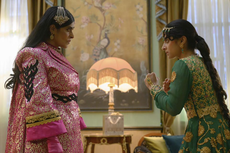 This image released by Focus Features shows Nimra Bucha, left, and Priya Kansara in a scene from "Polite Society." (Parisa Taghizadeh/Focus Features via AP)