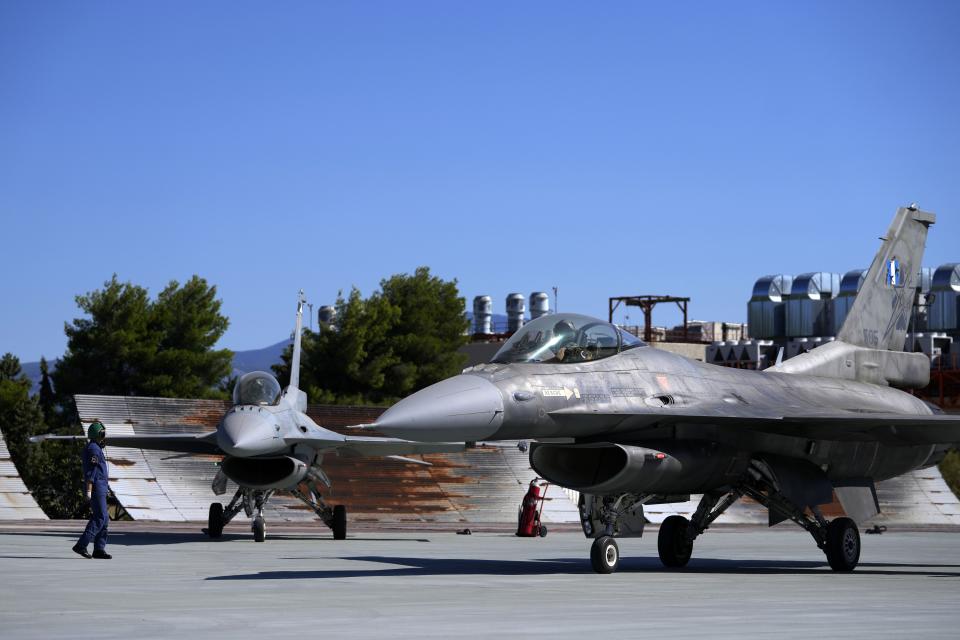 Two Greek Fighter Jets F-16 Viper prepare for takeoff at Tanagra air force base about 74 kilometres (46 miles) north of Athens, Greece, Monday, Sept. 12, 2022. Greece's air force on Monday took delivery of a first pair of upgraded F-16 military jets, under a $1.5 billion program to fully modernize its fighter fleet amid increasing tension with neighboring Turkey. (AP Photo/Thanassis Stavrakis)