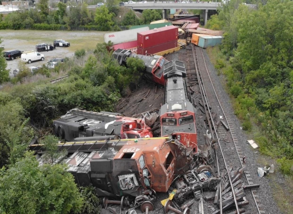 The Transportation Safety Board found a rail traffic controller based in Edmonton had an elevated blood-alcohol level when he allowed a track in Prescott, Ont., to be switched, leading to a head-on collision between two trains. (Transportation Safety Board - image credit)