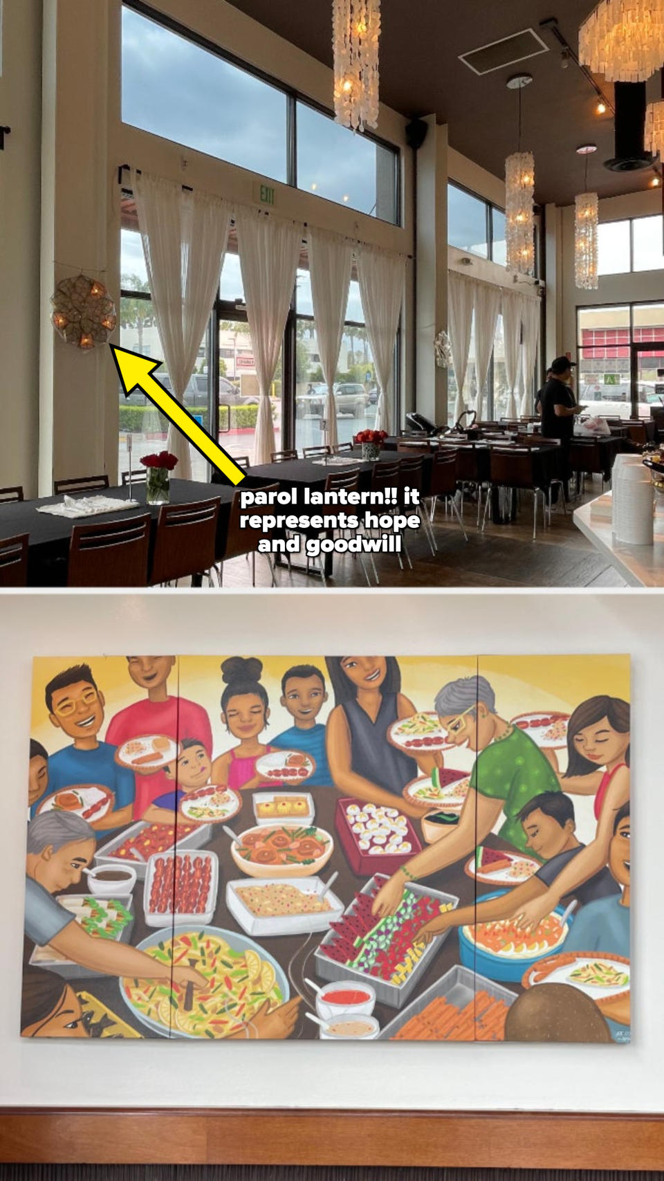 A restaurant with elegant light fixtures and large windows. Below, a mural depicts a diverse group of people enjoying a meal together with various dishes