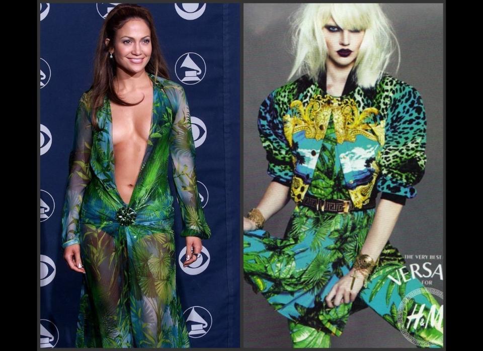 If you dared to shop the H&M for Versace collection (before it was sold out, that is) then maybe you came across a certain tropical-esque print splashed with bananas. If you think it looks familiar but can't quite place it, let us help. Flashback to the 2000 Grammy's when J.Lo wore the infamous deep-V sheer Versace dress. <a href="http://awards.music.yahoo.com/blog/120-daring-grammy-dress-makes-comeback" target="_hplink">As Yahoo Music observed,</a> the memorable print has made it's way back onto the fashion scene with it's giant comeback at Versace x H&M, but in tamer versions than J.Lo's daring number. The original "green jungle" dress is now on display at the Grammy Museum. (Getty photo, Versace x H&M)
