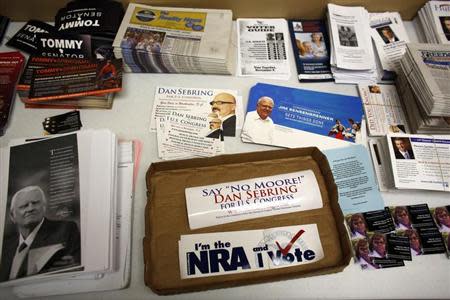 The Republican party information table is seen at a Romney/Ryan office as volunteers get in their last efforts the day before election day in Wauwatosa, Wisconsin November 5, 2012. REUTERS/Darren Hauck