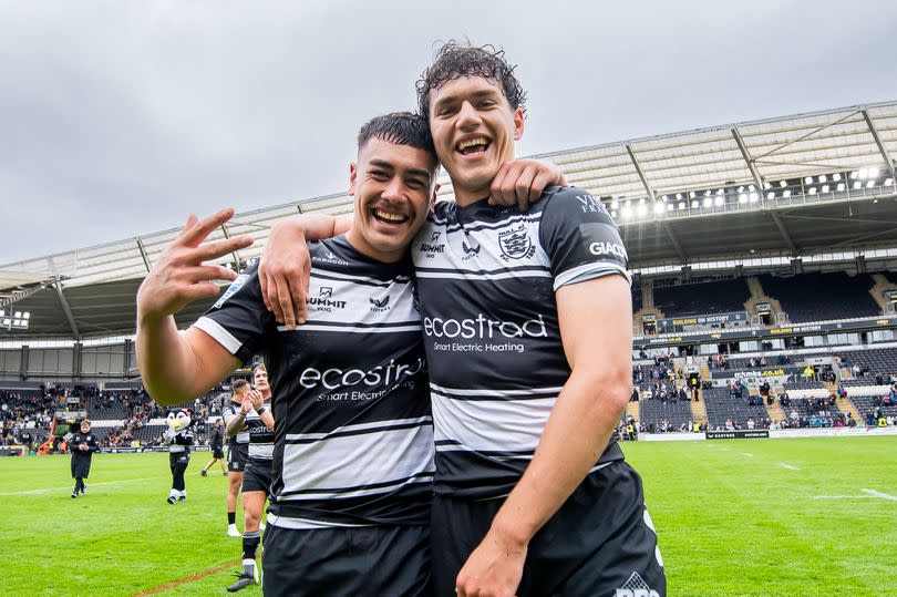 Hull FC's Tiaki Chan & Lewis Martin celebrate after victory over Leeds.