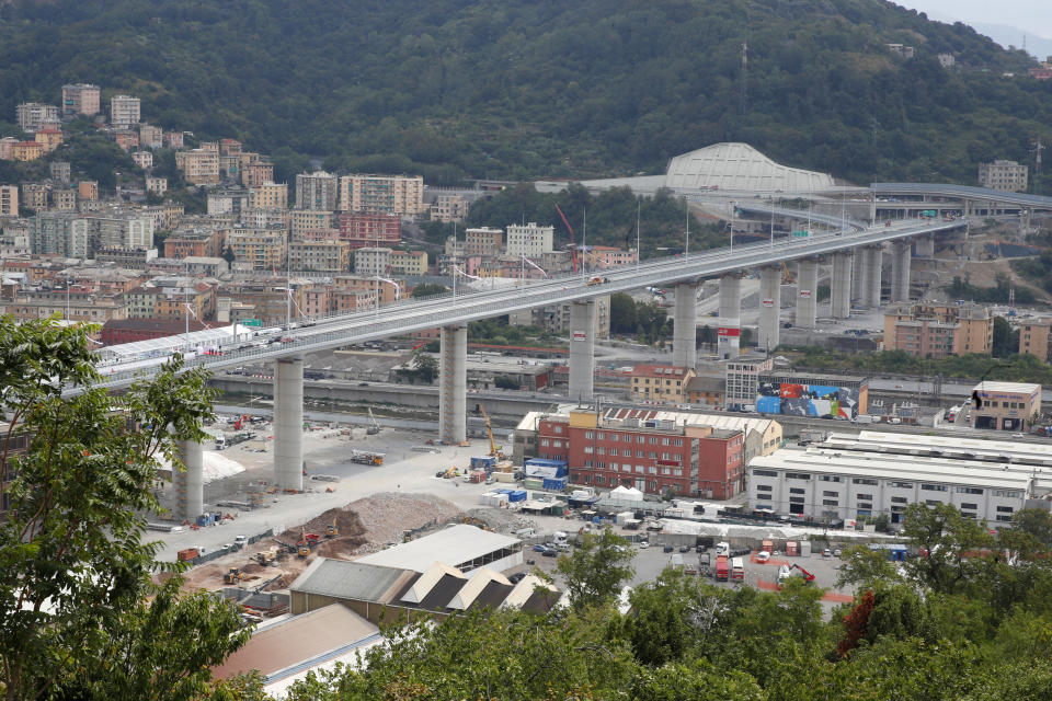 A view of the new bridge being inaugurated in Genoa, Italy, Monday, Aug. 3, 2020. The old Morandi bridge collapsed on Aug. 14, 2018, killing 43 people. (AP Photo/Antonio Calanni)