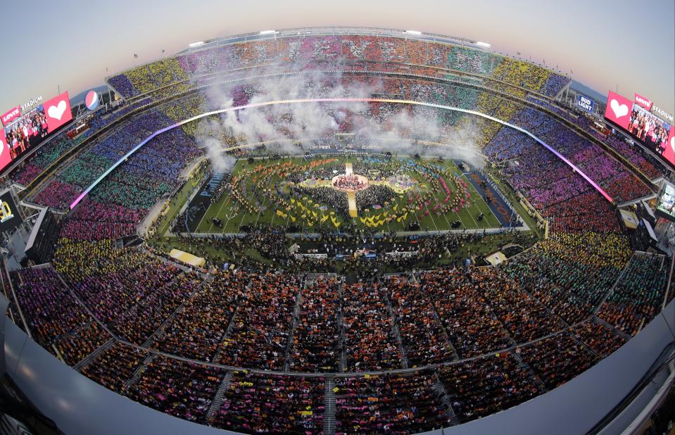 FILE - Beyoncé, Coldplay singer Chris Martin and Bruno Mars perform during halftime of the NFL Super Bowl 50 football game Sunday, Feb. 7, 2016, in Santa Clara, Calif. (AP Photo/Morry Gash, File)