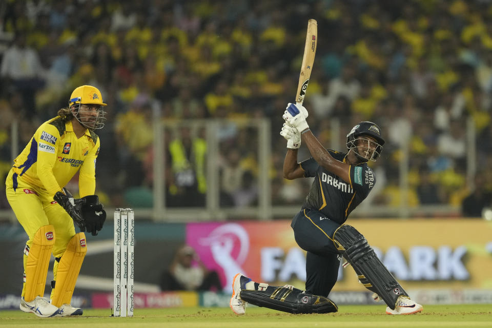 Gujarat Titans' Sai Sudharsan plays a shot during the Indian Premier League cricket match between Gujarat Titans and Chennai Super Kings in Ahmedabad, India, Friday, May 10, 2024.(AP Photo/Ajit Solanki)