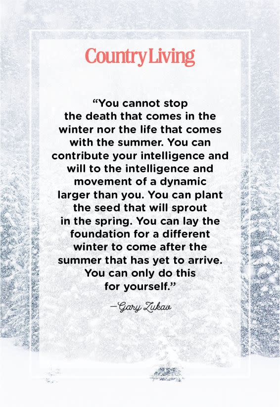 <p>“You cannot stop the death that comes in the winter nor the life that comes with the summer. You can contribute your intelligence and will to the intelligence and movement of a dynamic larger than you. You can plant the seed that will sprout in the spring. You can lay the foundation for a different winter to come after the summer that has yet to arrive. You can only do this for yourself.”</p>