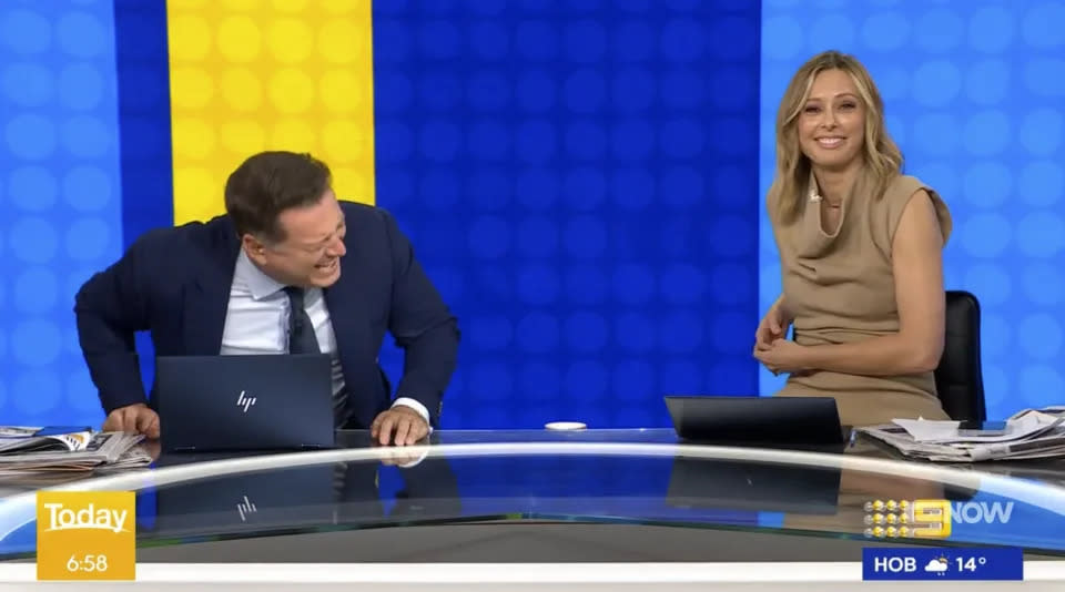 Today’s Karl Stefanovic and Allison Langdon laughing.