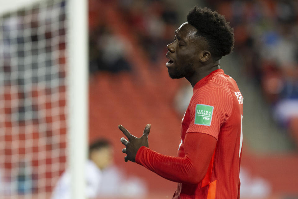Canada's Alphonso Davies reacts to a missed scoring opportunity during the first half of the team's World Cup soccer qualifying match against Honduras in Toronto on Thursday, Sept. 2, 2021. (Chris Young/The Canadian Press via AP)