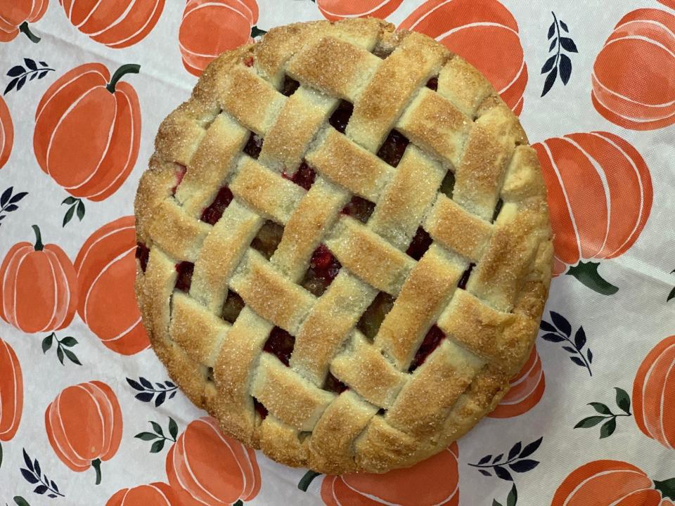 Sugared lattice work adds a decorative touch to this apple-cranberry-walnut pie from  Crust N Krumbs Bakery in Vineland, South Jersey.