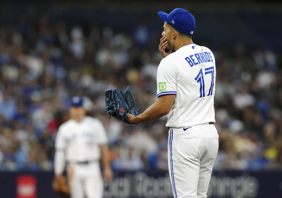 Toronto Blue Jays starting pitcher Jose Berrios (17) reacts on the mound during the fifth inning of the team's baseball game against the San Diego Padres on Wednesday, July 19, 2023, in Toronto. (Chris Young/The Canadian Press via AP)