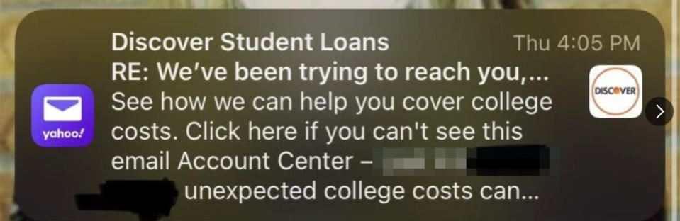 Notification from Discover Student Loans about covering college costs, including a clickable link. Mentions "Account Center" and the last four digits of an account number