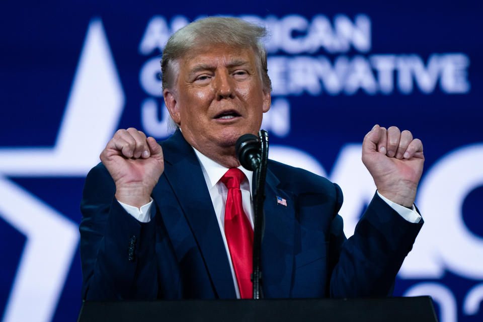 Former U.S. President Donald Trump speaks during the Conservative Political Action Conference (CPAC) in Orlando, Florida, U.S., on Sunday, Feb. 28, 2021. (Elijah Nouvelage/Bloomberg via Getty Images)