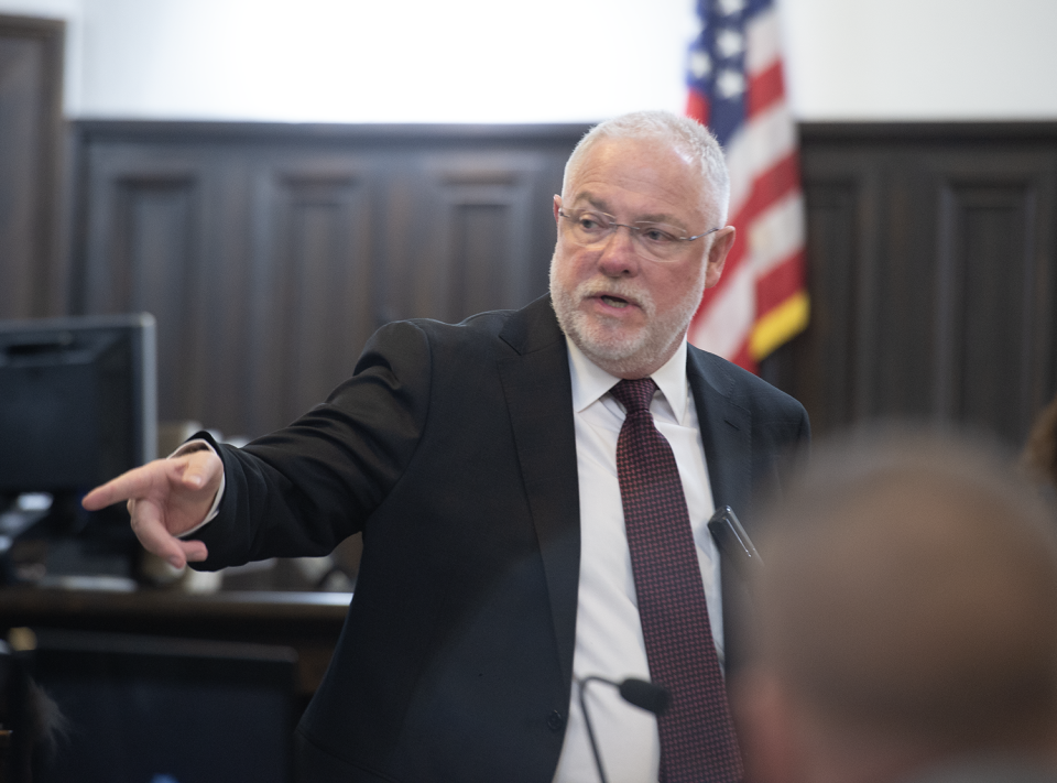 Nathan Ray delivers opening arguments for the defense on Friday during a trial in the Summit County Court of Common Pleas regarding a road rage incident from May of 2023 that left one dead.