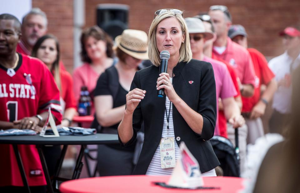 Ball State athletic director Beth Goetz speaks before Ball State's win over Central Connecticut State on Thursday night in Scheumann Stadium during Ball State's home opener.