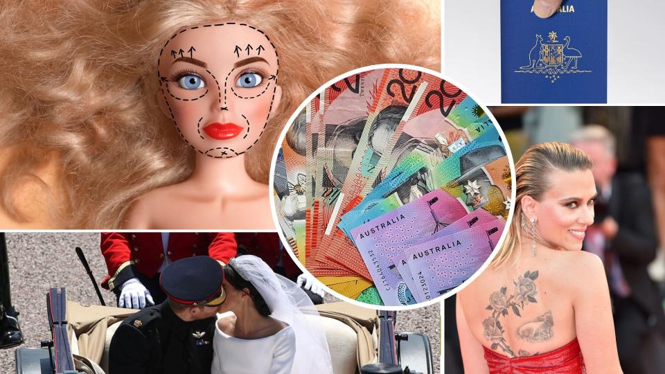 Pictured: Barbie doll with cosmetic surgery lines, Australian cash, Scarlett Johansson, Australian passport, Meghan Markle and Prince Harry wedding. Images: Getty