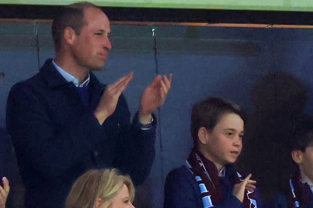 <p>Marc Atkins/Getty</p> Prince William and Prince George cheer on Aston Villa on April 11, 2024.