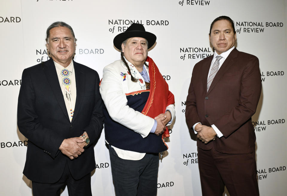 Talee Redcorn, left, Yancey Red Corn and William Belleau attend the National Board of Review awards gala at Cipriani 42nd Street on Thursday, Jan. 11, 2024, in New York. (Photo by Evan Agostini/Invision/AP)