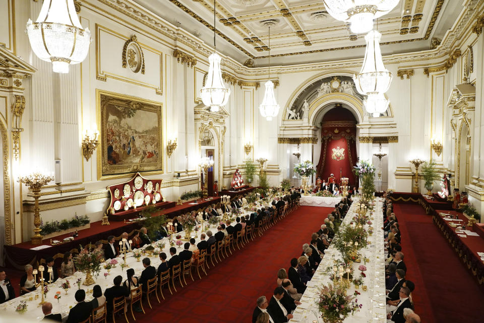 Guests attend the State Banquet for Emperor Naruhito and Empress Masako of Japan in London, Tuesday, June 25, 2024, during the State Visit of the Japanese Emperor and Empress to Britain. (Jordan Pettitt/Pool via AP)