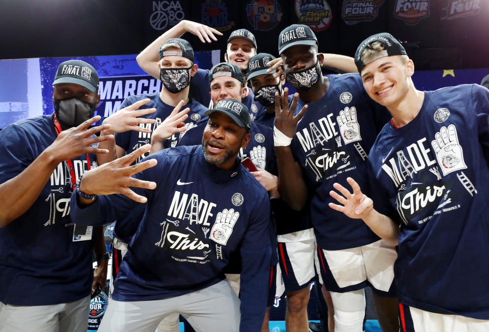 he Gonzaga Bulldogs celebrate defeating the USC Trojans 85-66 in the Elite Eight. (Photo by Jamie Squire/Getty Images)
