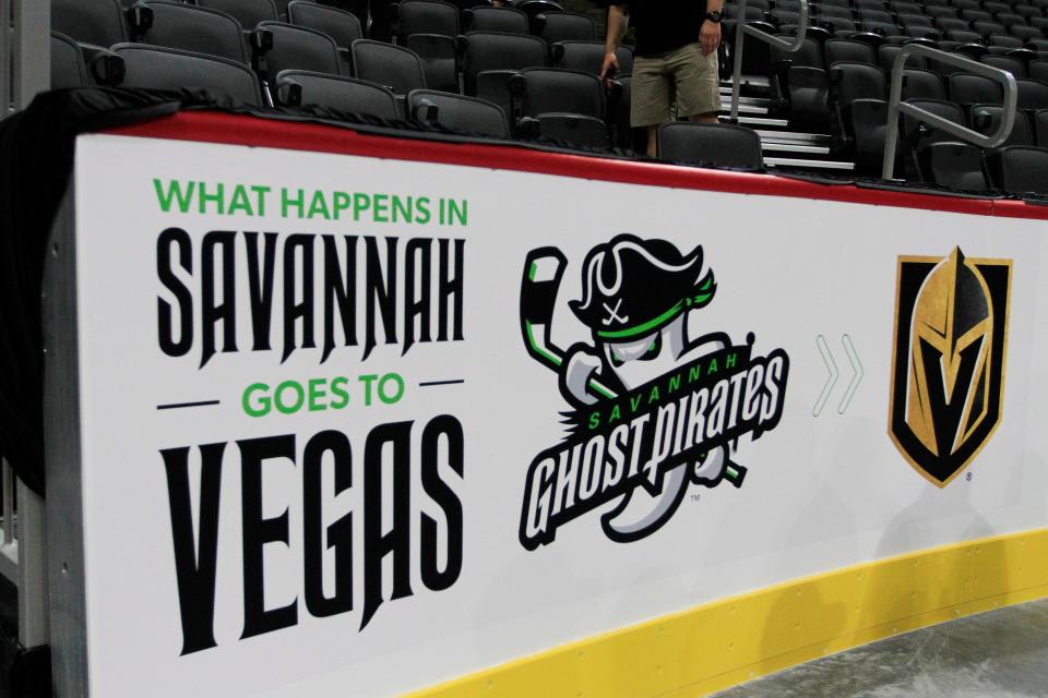 The logos for both the Savannah Ghost Pirates and the Vegas Golden Knights are seen on the boards during the event to announce the ECHL expansion ice hockey franchise Ghost Pirates' first head coach and NHL team affiliation at the Enmarket Arena on Thursday. Rick Bennett was announced as head coach and the Vegas Golden Knights were announced as the NHL team affiliation.