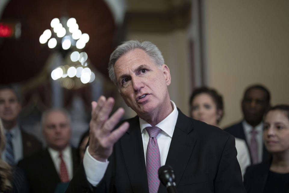 Speaker of the House Kevin McCarthy, R-Calif., talks to reporters at the Capitol in Washington. D.C., on March 24. 