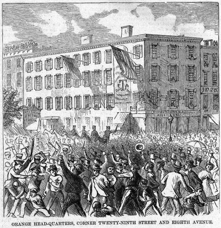 <span class="caption">The Orange Order headquarters in New York City beset by rioting Catholics and Protestants, 1871.</span> <span class="attribution"><a class="link " href="https://en.wikipedia.org/wiki/Orange_Order#/media/File:Lamartine_Hall_Orange_headquarters.jpg" rel="nofollow noopener" target="_blank" data-ylk="slk:Wikipedia;elm:context_link;itc:0;sec:content-canvas">Wikipedia</a></span>