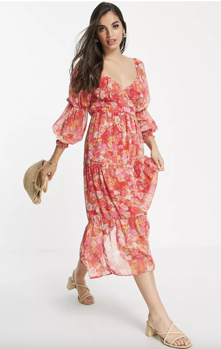 Miss Selfridge tie front chiffon midaxi dress in hand-painted floral. PHOTO: ASOS