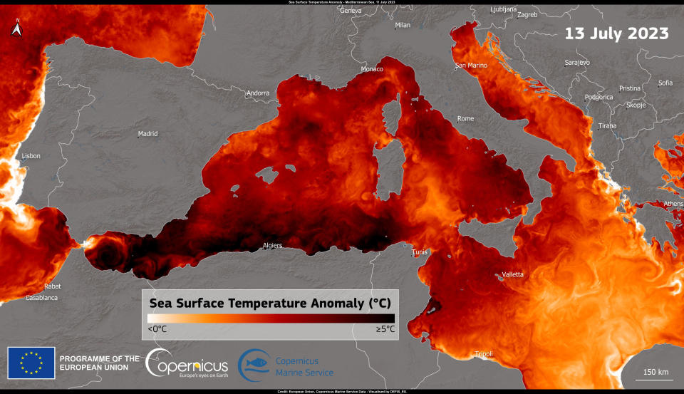 Data shows that the Atlantic and Mediterranean oceans are experiencing record-breaking temperatures. / Credit: European Union, Copernicus Marine Service Data