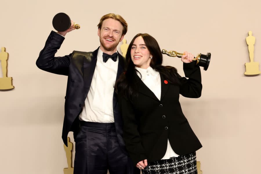 HOLLYWOOD, CALIFORNIA – MARCH 10: (L-R) Finneas O’Connell and Billie Eilish, winners of the Best Original Song award for ‘What Was I Made For?’ from “Barbie”, pose in the press room during the 96th Annual Academy Awards at Ovation Hollywood on March 10, 2024 in Hollywood, California. (Photo by Arturo Holmes/Getty Images)