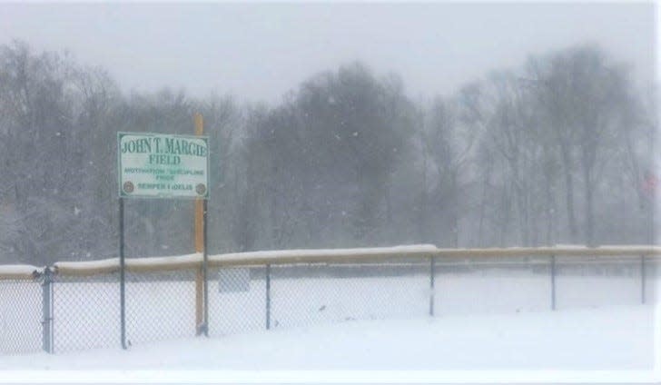 John T. Margie Field on Princeton Boulevard in Deptford Township on Friday under a steady snow fall. PHOTO: Jan. 19, 2024.