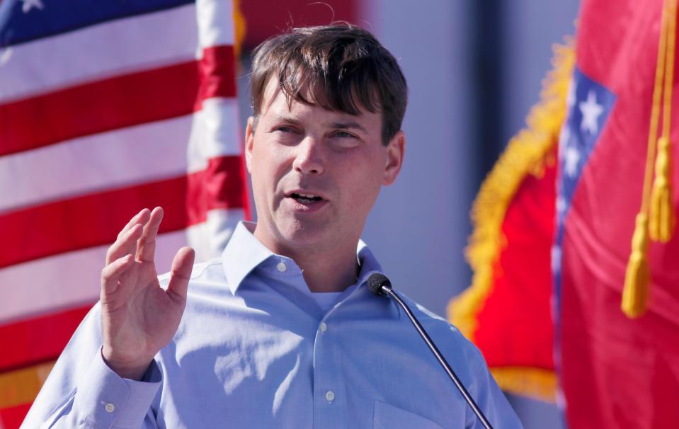 Former U.S. Attorney for Western Arkansas and Democratic U.S. Senate hopeful Conner Eldridge speaks in Augusta, Ark., Saturday, Oct. 17, 2015. He left the Justice Department earlier that year.