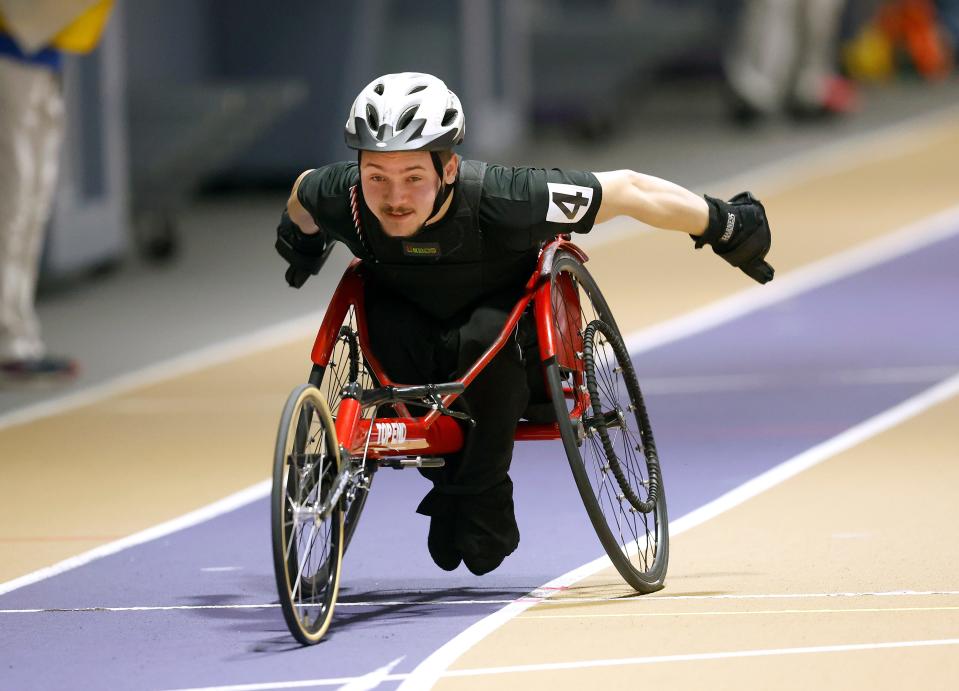 Red Creek’s Logan Corteux competes in one of the two wheelchair dash events during the Section V State Qualifier Meet.