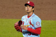 St. Louis Cardinals starting pitcher Kwang-Hyun Kim collects himself on the mound after giving up a solo home run to Pittsburgh Pirates' Jose Osuna during the the third inning of a baseball game in Pittsburgh, Saturday, Sept. 19, 2020. (AP Photo/Gene J. Puskar)